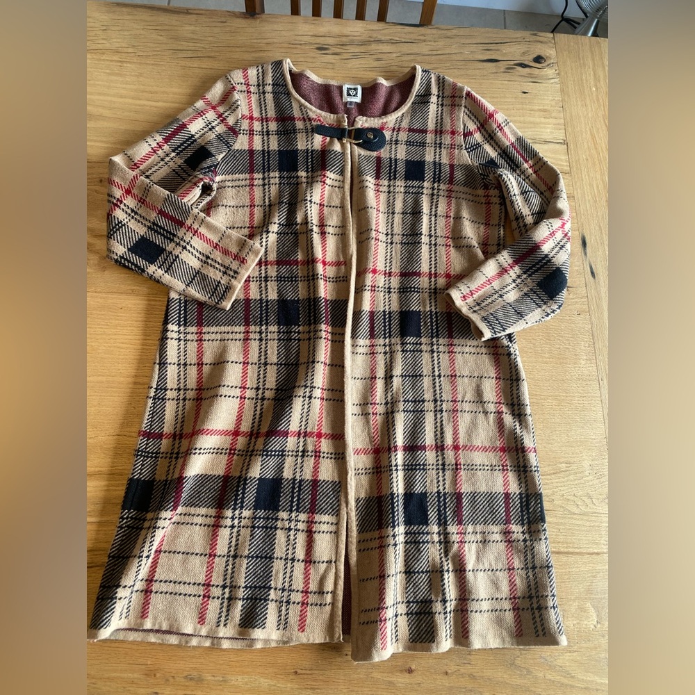 Anne Klein Plaid Buckle Crew Neck Duster Sweater Tan Black Women’s Medium Prelov